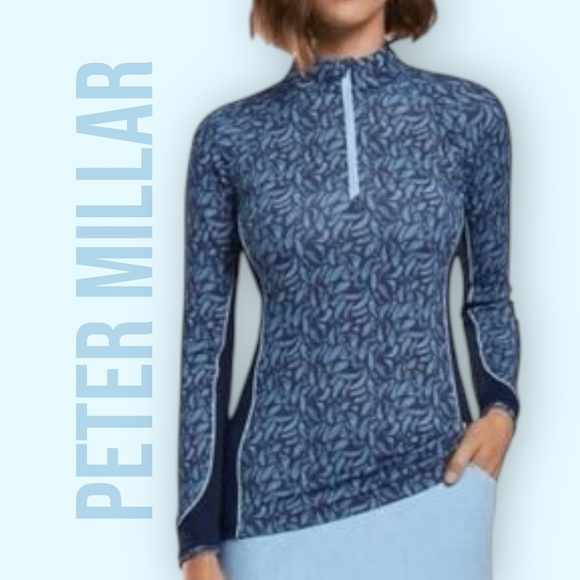 Peter Millar Tops - Peter Millar Womens Medium Navy White Leaf Pattern 1/4 Zip Pullover Top UPF 50+